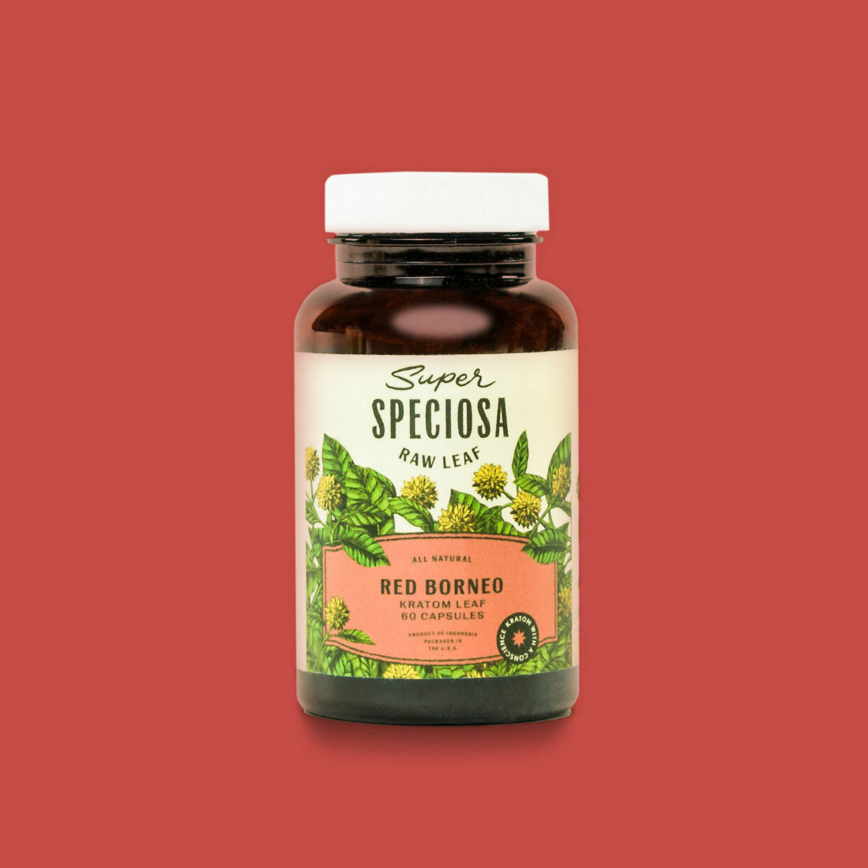 Super Speciosa Red Borneo kratom capsule bottle. Buy Premium kratom pills online today!