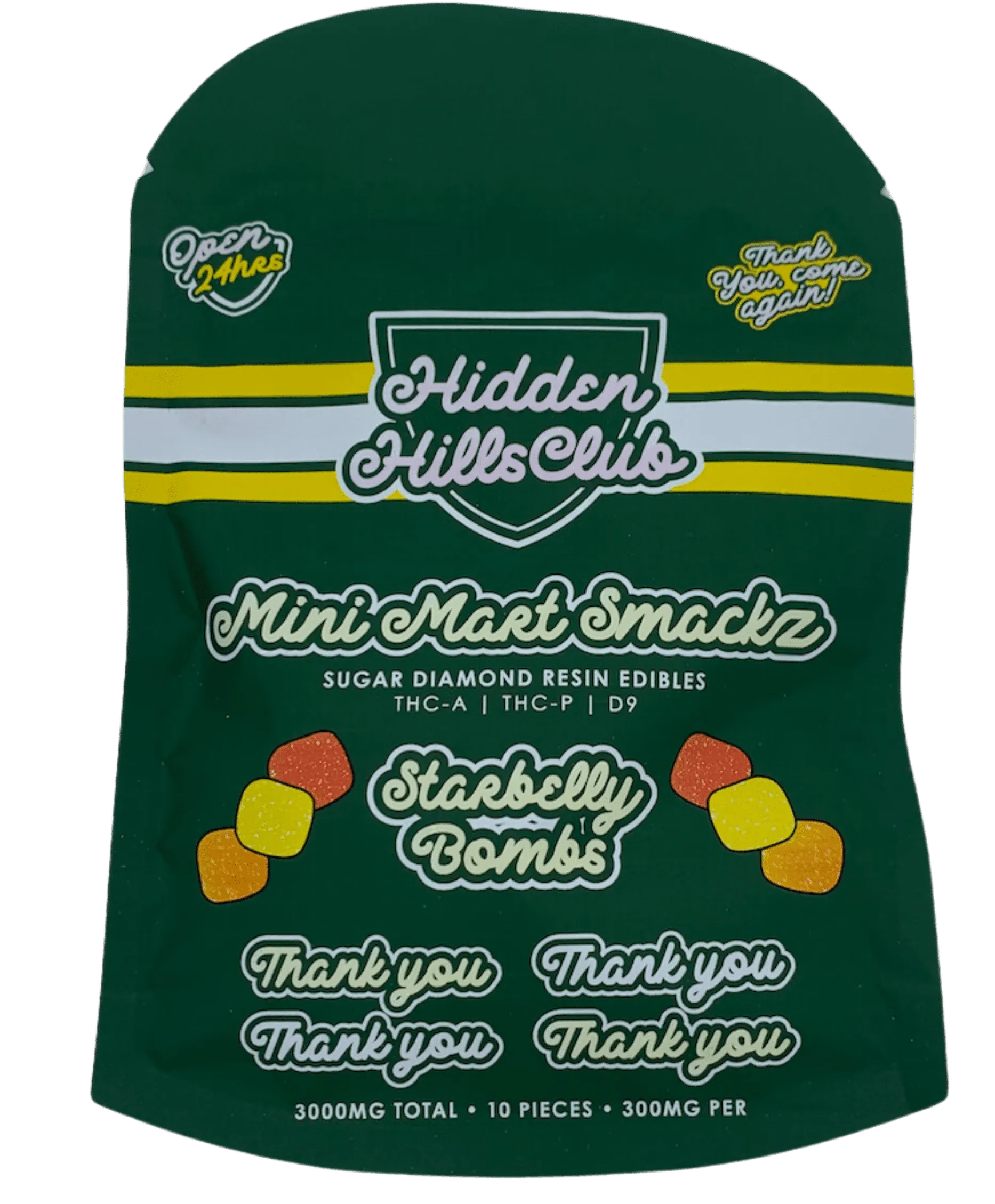 A green-colored pouch of Starberry flavored Mini Mart Smackz Sugar Diamond Resin 3000mg Edibles from Hidden Hills Club.