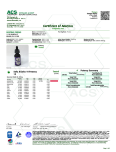 Delta 8 THC 1500 mg tincture from Destino Farms contains 50mg of ∆8. Contains less than 0.3% of ∆9 THC