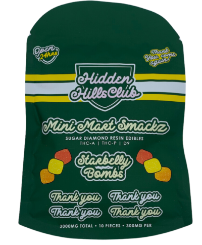 A green-colored pouch of Starberry flavored Mini Mart Smackz Sugar Diamond Resin 3000mg Edibles from Hidden Hills Club.